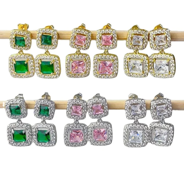 EC1965 Womans Fashion 18k Gold Platinum Plated Double Zircon CZ Paved Crystal Square Cushion Dangle Charm Post Studs Earrings