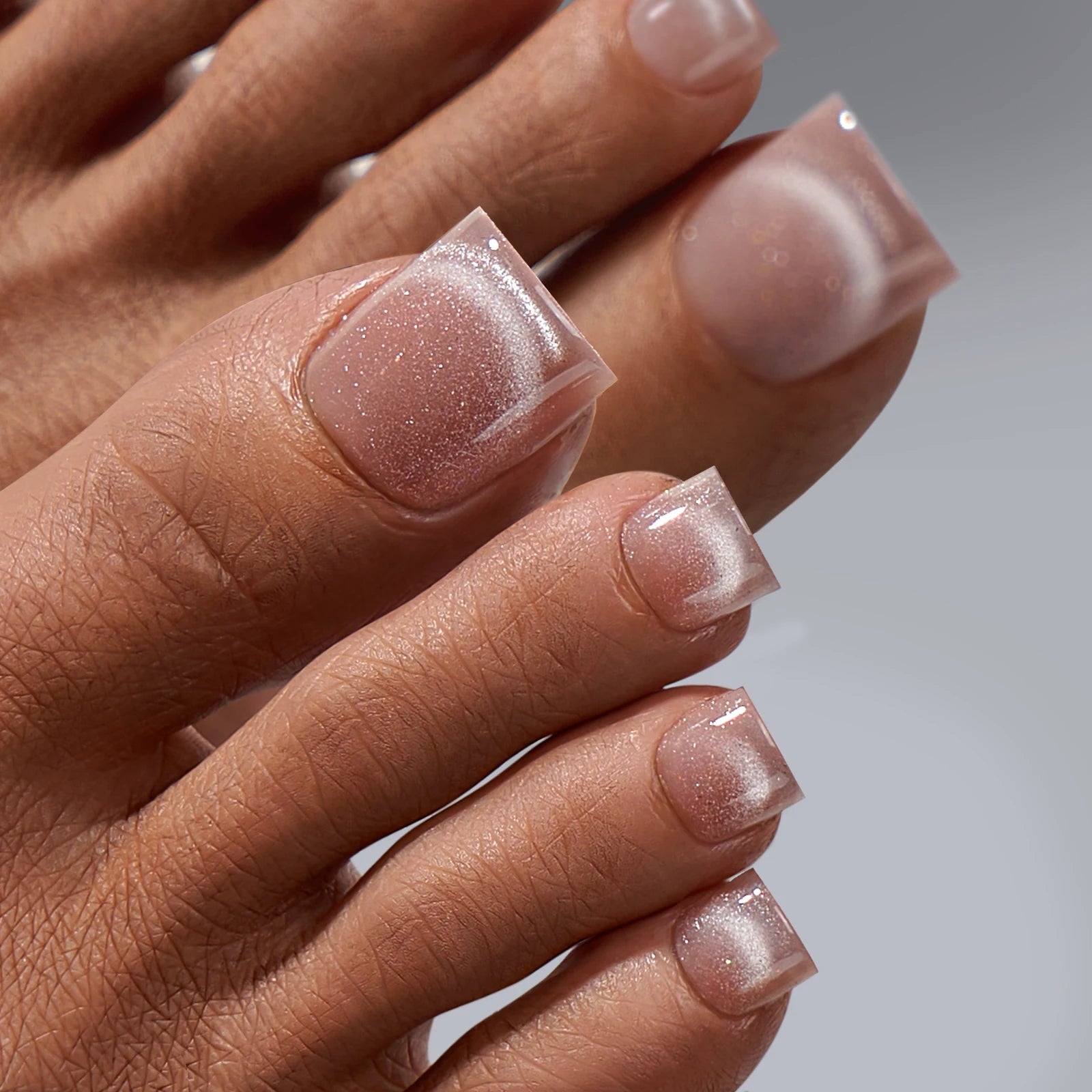 BTArtbox Cat Eye French Press on Toenails Wholesale Square Foot Nails Soft Gel Brown Bling Fake False Toe Nails Press on