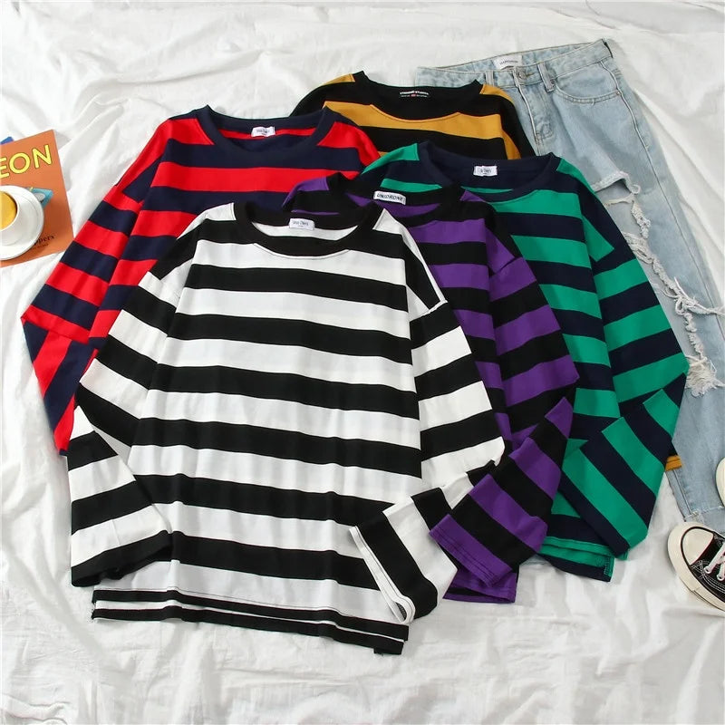5 Colors Women Purple-striped Tops Slim Fit T Shirt Harajuku Tshirt Summer Long Sleeve Korean Feminina Oversized T Shirt