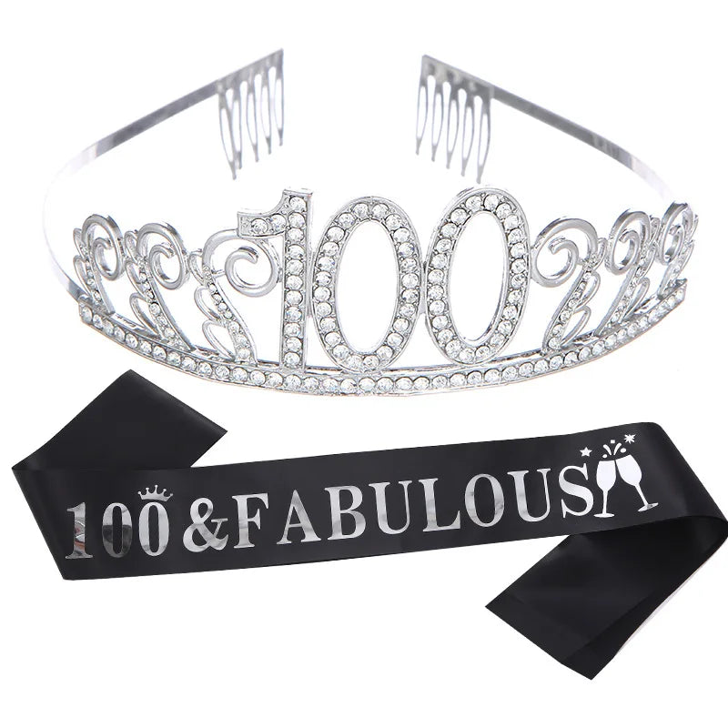 Delicate 2pcs/Set Tiara Headwear Birthday 100th Years Old Birthday Diamond Headbands Crown With Sash Set