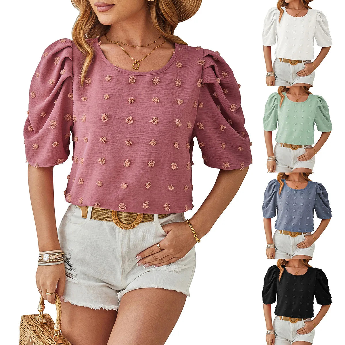 S-2XL Spring/Summer New Woven Jacquard Short Sleeve Top Square Collar Top