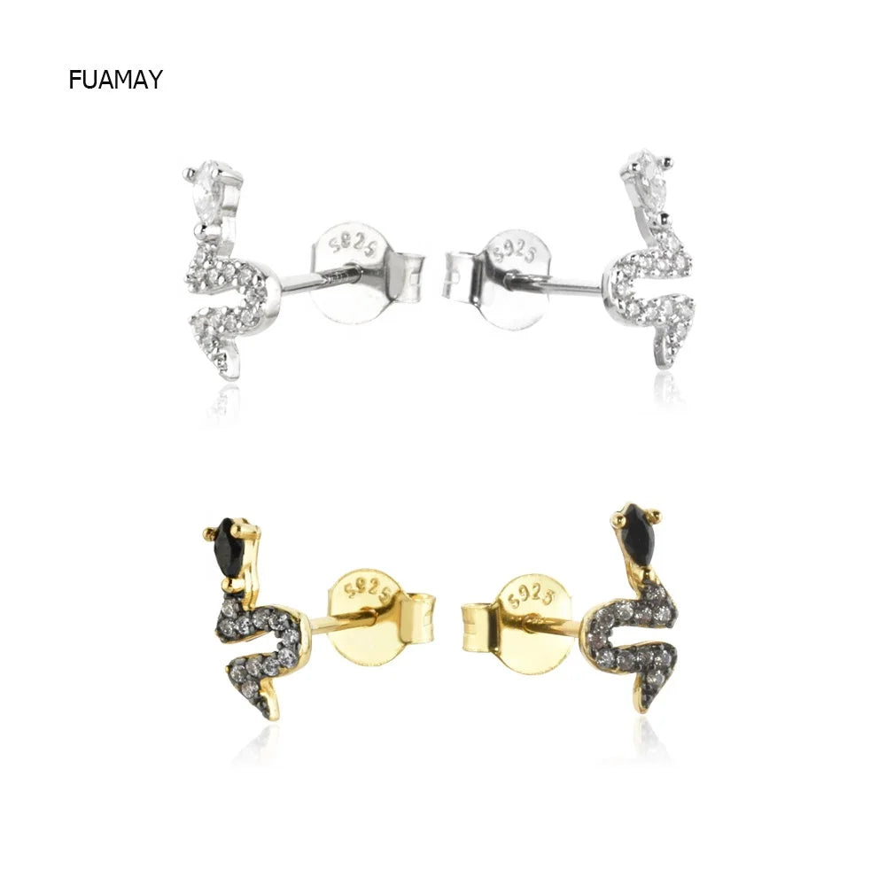 FUAMAY S925 Sterling Silver Snake Stud Earrings Woman Black CZ Zircon Snake Earrings Pendientes De Pata