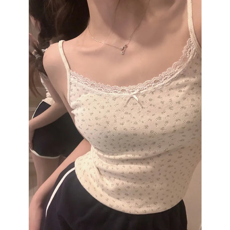 Fashion Summer Print T-Shirt Women Bow Lace Camisole Sexy Backless Vest Tank Top Casual Style Y2k Streetwear