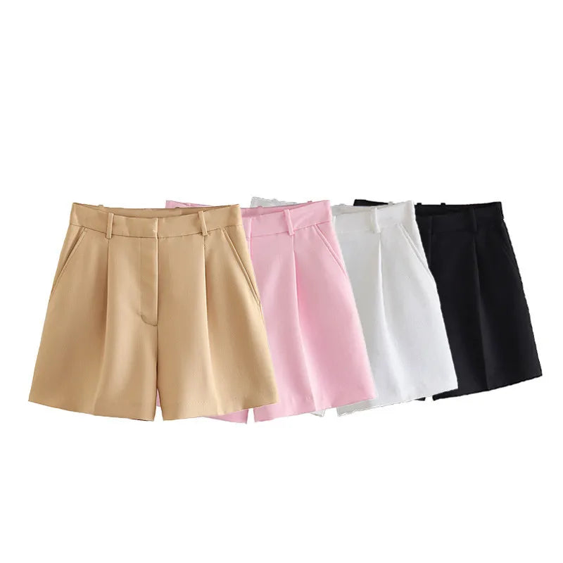 XS-L Summer New Women's Shorts European and American Fashion Versatile High Waisted Pleated Casual Shorts