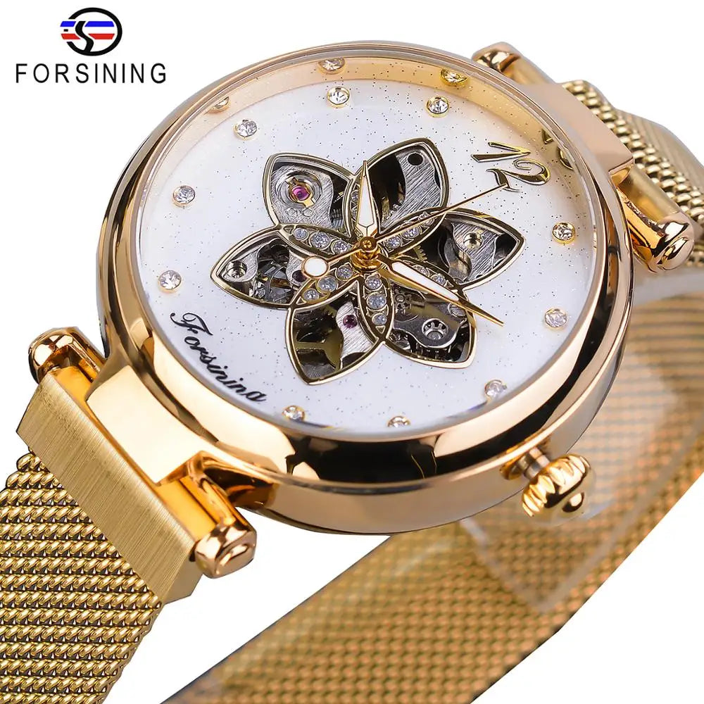Forsining Womens Watch Top New Luxury Creative Diamond Female Watch Automatic Mechanical Waterproof Luminous Mesh Lady Clock