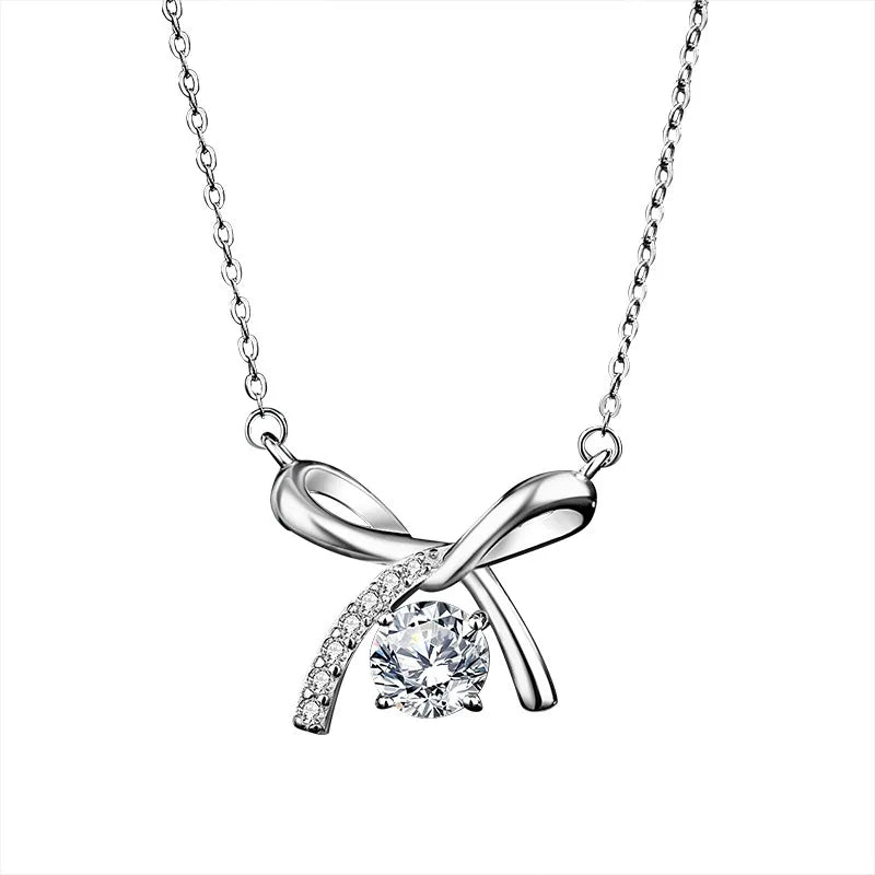 Fine Jewelry 925 Sterling Silver Bowknot Big Zircon Pendant Valentine's Day Necklace Gift for Woman