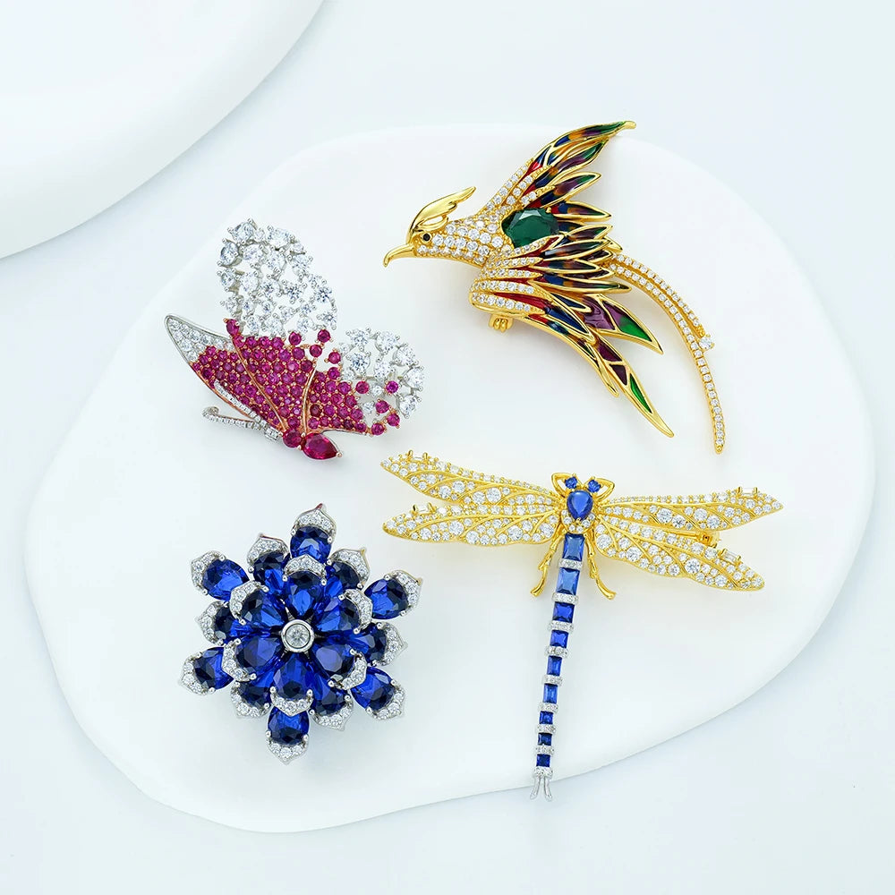 Stocks Trendy Fine Jewelry S925 Pin Brooch  Enchantinaly Beautiful Blue  Flower Design with CZ Stones Luxury Jewelry