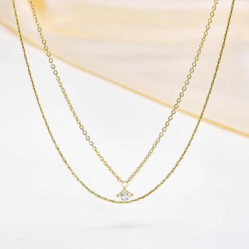 Joolim Jewelry 18K Gold Plated Flashing Square Zirconia Pendant Double-layer Necklace Stainless Steel Jewelry Wholesale