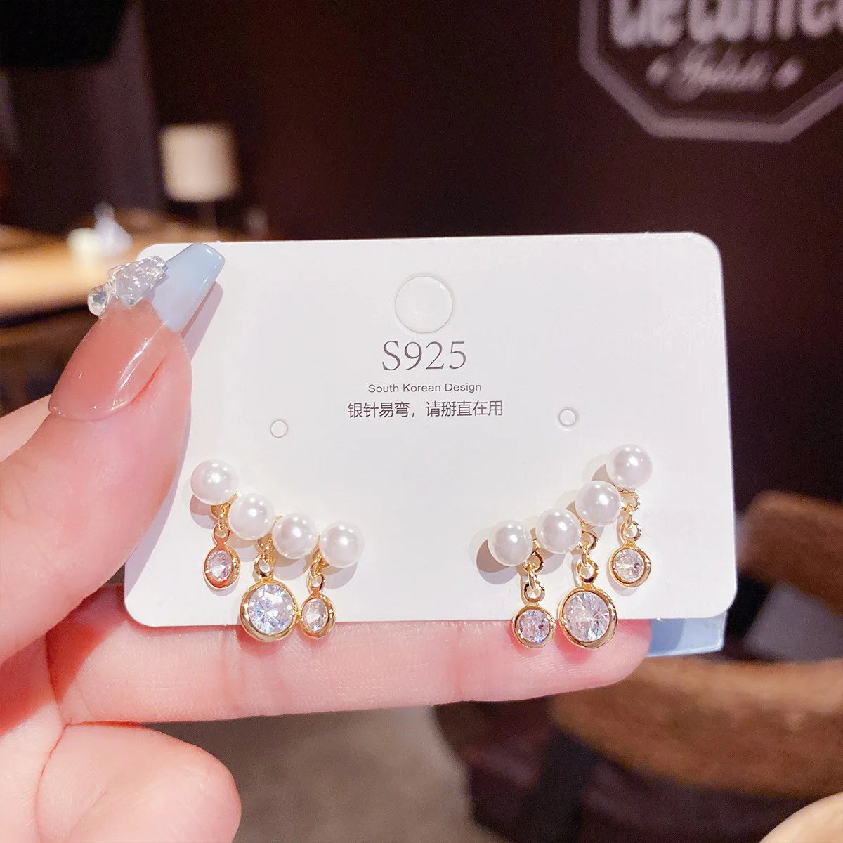 925 Silver Needle Earring Wedding Korean Delicate Pearl Zircon Stud Earrings Women Fashion Pearl Ear Claw