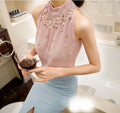 New Women Beading Pink Chiffon Blouse Korean Fashion Sleeveless Women Turtleneck Pearls Blouse Shirt Women Top