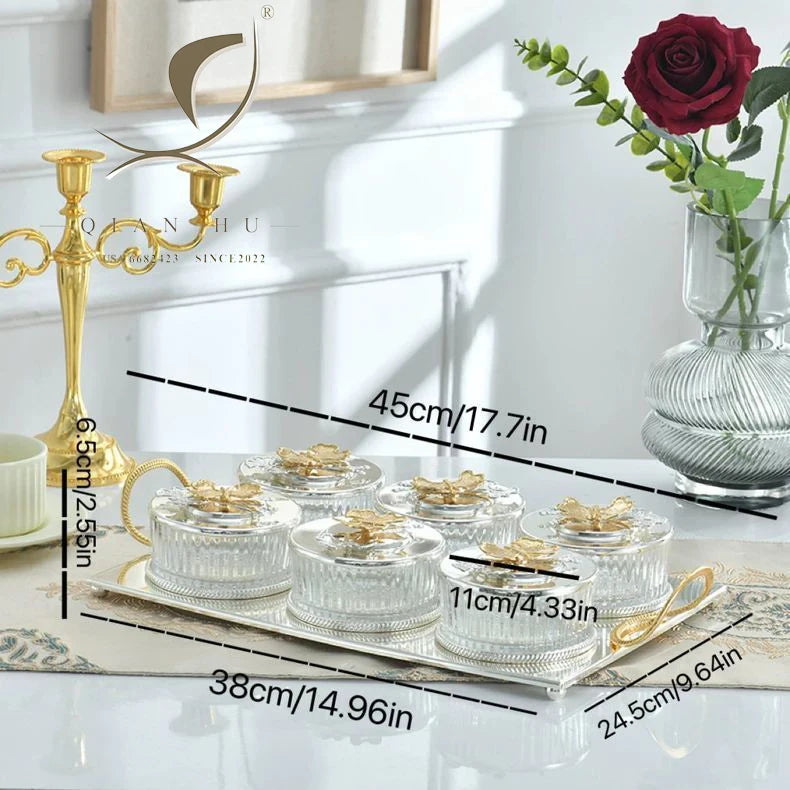 2025 Stock QIAN HU Eco-Friendly Square European-Style High-End Metal Glass Candy Jar Set Light Luxury Home Living Dishes Plates