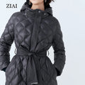 New Arrivals Winter Cotton Clothing Warm Fashion Belt Waist Hooded Mid-length Warm Goose Down Jacket