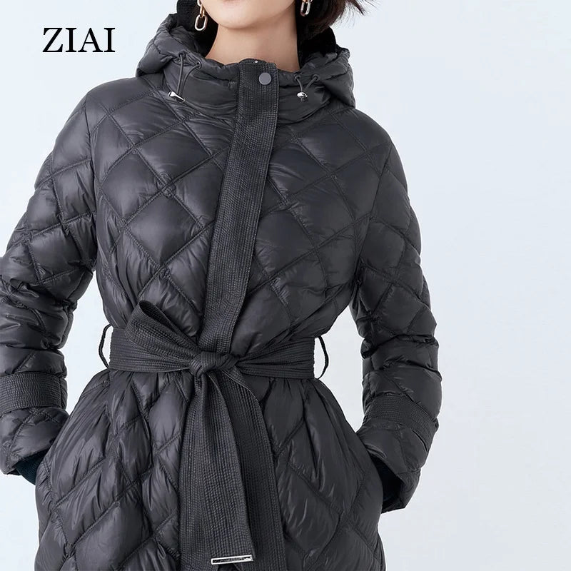 New Arrivals Winter Cotton Clothing Warm Fashion Belt Waist Hooded Mid-length Warm Goose Down Jacket