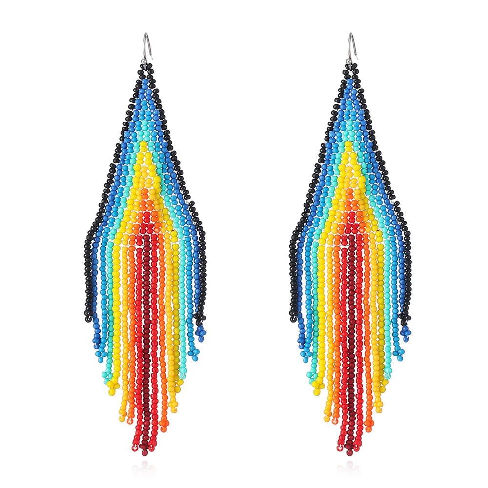 Women's Bohemian Style Handmade Multi-Color Rainbow Plated ODM Design Long Tassel Dangle Beaded Earrings for Party Engagement