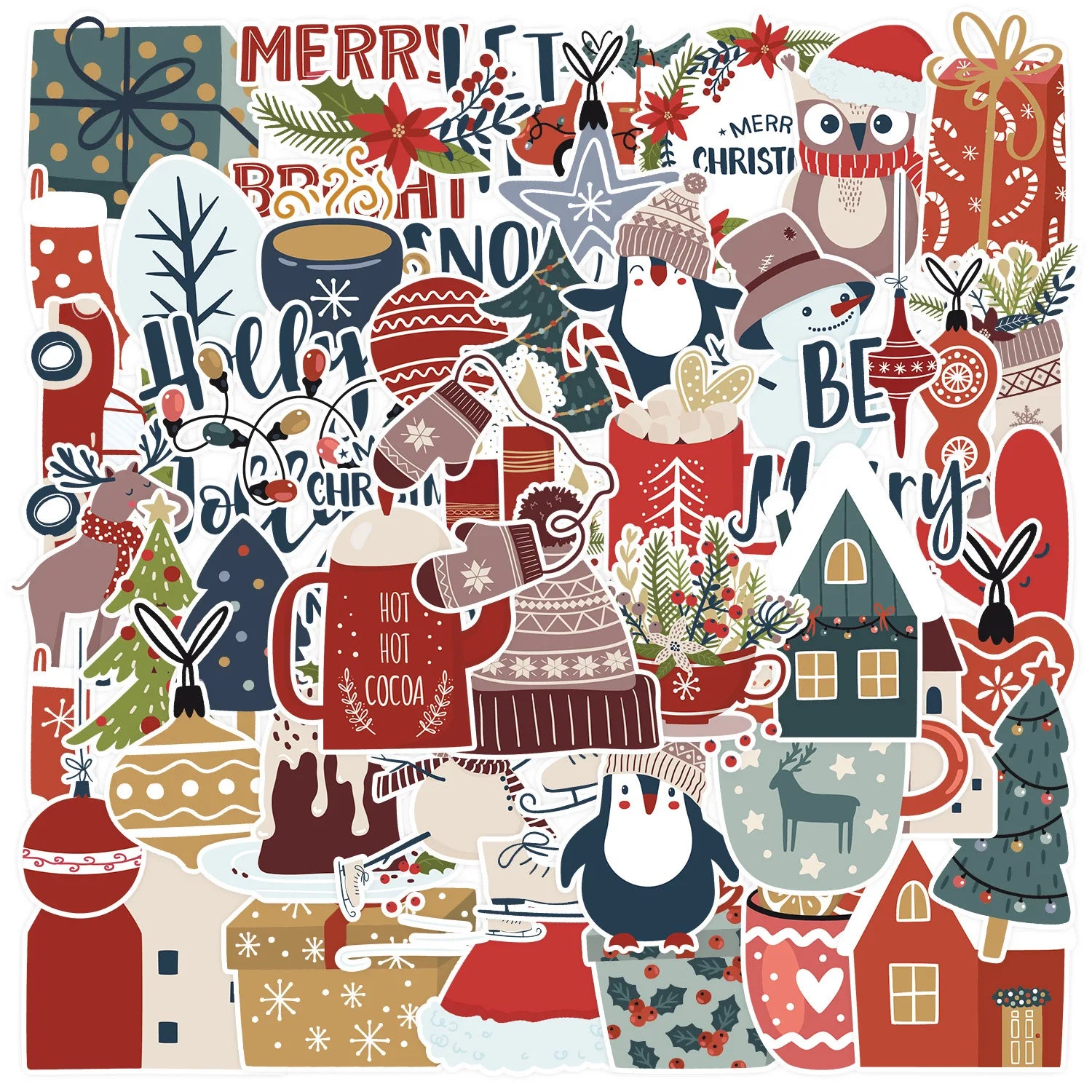 2022 New 50Pcs Cartoon Christmas Festival Decorative Stickers for Gift Window Wall Book Waterproof New Year Sticker