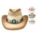 Tea Stains Cethnic Style Vintage Beaded Band Decoration Outdoor Prairie Garden Cowboy Straw Hat