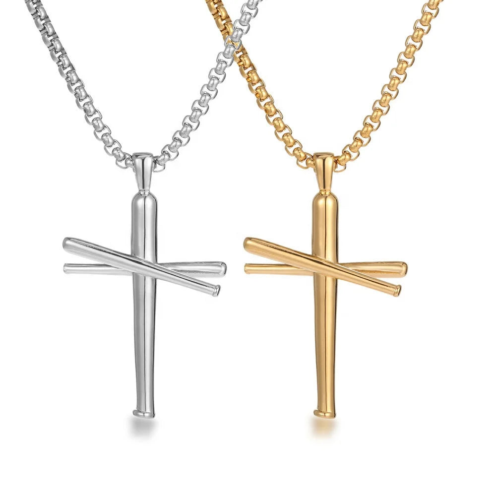 Stainless Steel Curb Chain Necklace Polished Cross Necklace Silver Cross Pendant Necklace for Men Women