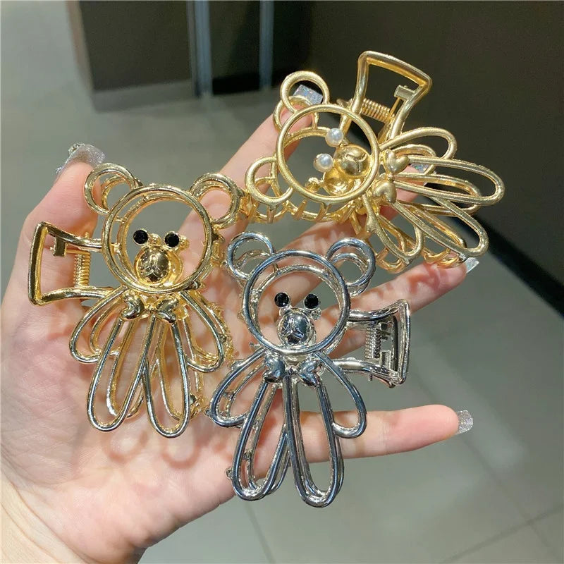 Large Big Cute Women Girls Temperament Pearl Rhinestone Eyes Golden Metal Bear Doll Hair Accessories Claws Teddy Claw Clips