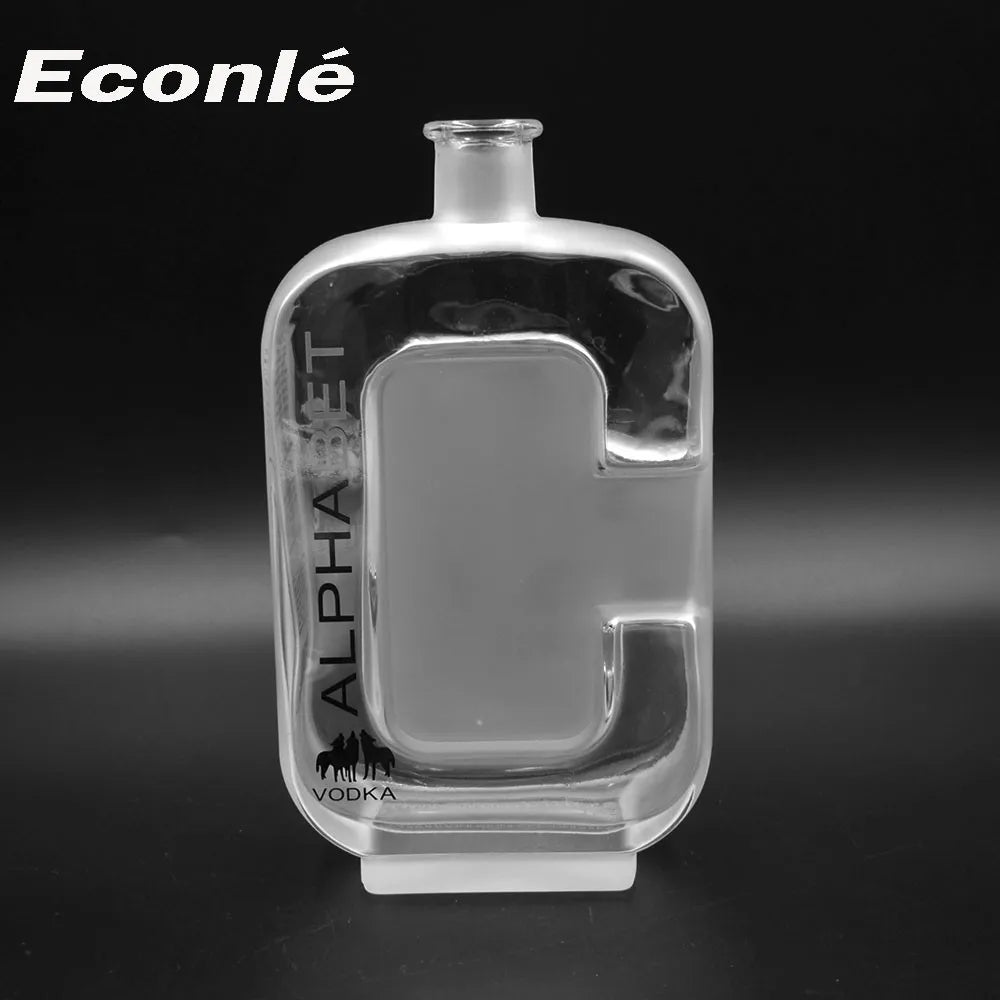 Flat Square Frosted 500ml 75cl Letter-C Shaped Embossing Glass Vodka Liquor Bottle Custom Cork Stopper Nueva Botella De Licor