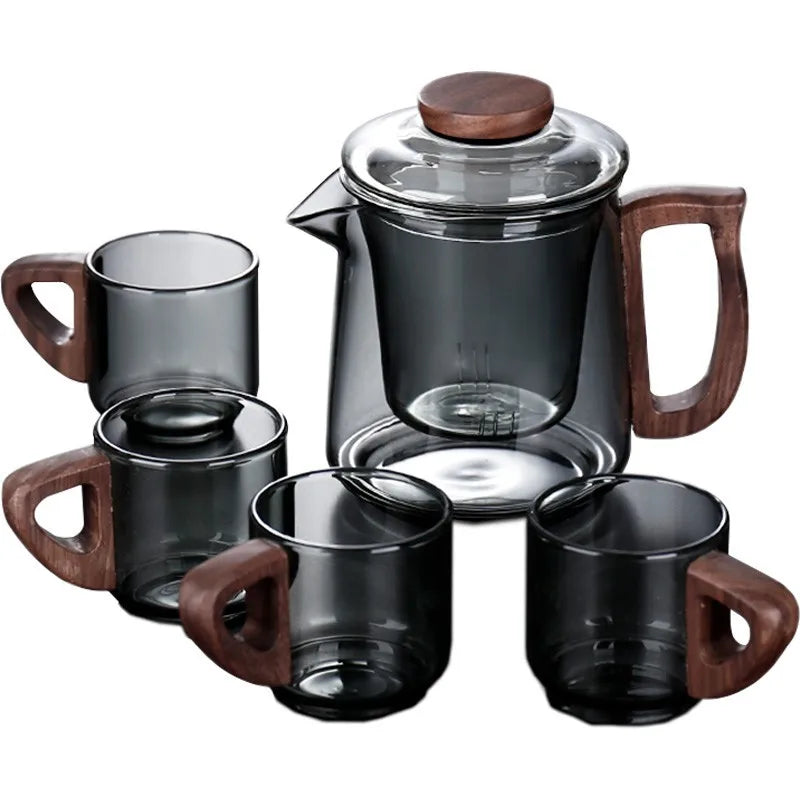 Borosilicate Glass Teapot and Cup Set with Walnut Handle