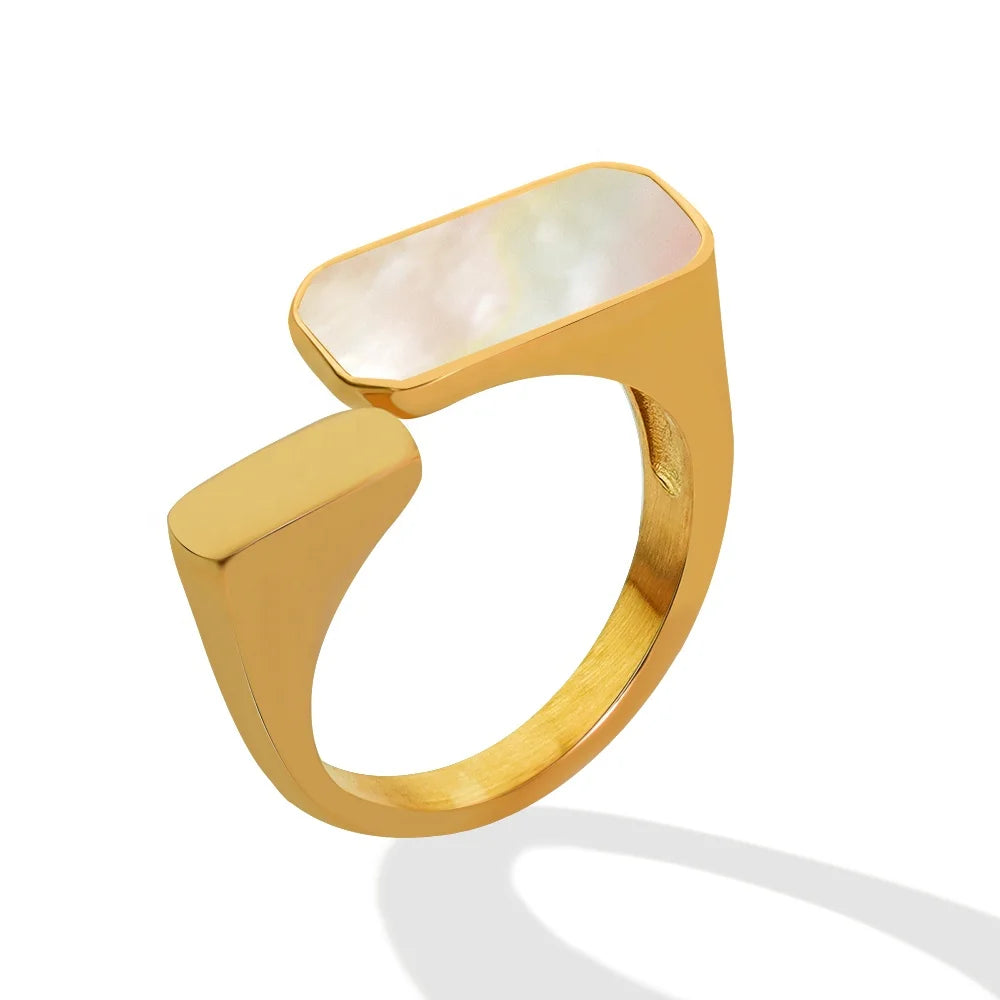 Vintage Rose Gold Plated Stainless Steel White Seashell Geometric Trendy Open Ring Bezel Setting for Women Anniversary Gift MegaBDM