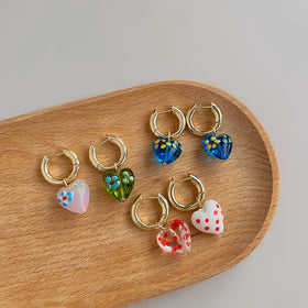 Personality Drop Ear Studs Vintage Oil Dripping Huggie Hoop Ear Rings Glass Heart Dangle Earrings to My Dauther