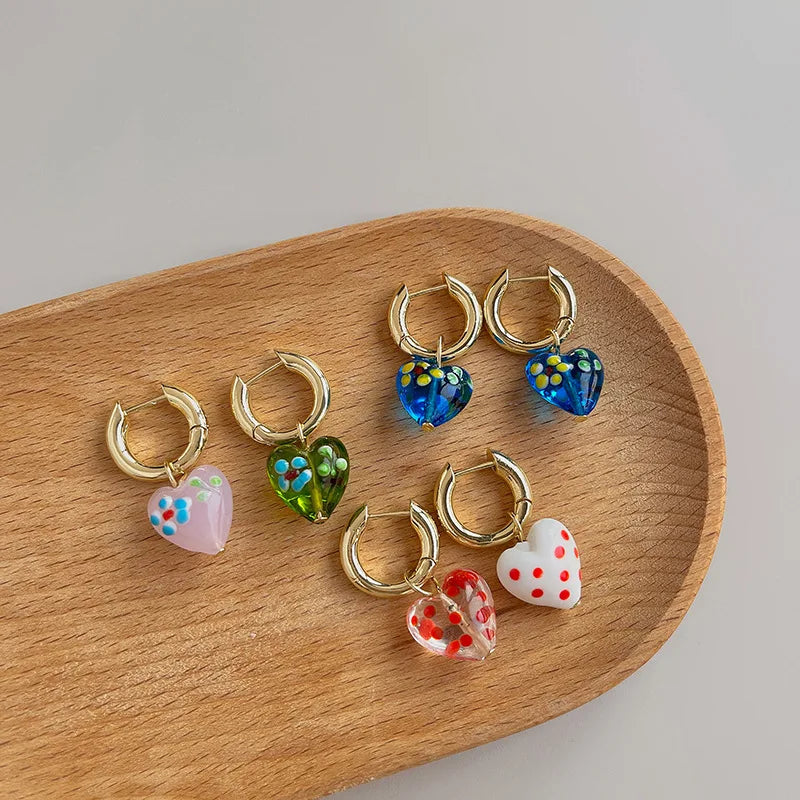 Personality Drop Ear Studs Vintage Oil Dripping Huggie Hoop Ear Rings Glass Heart Dangle Earrings to My Dauther