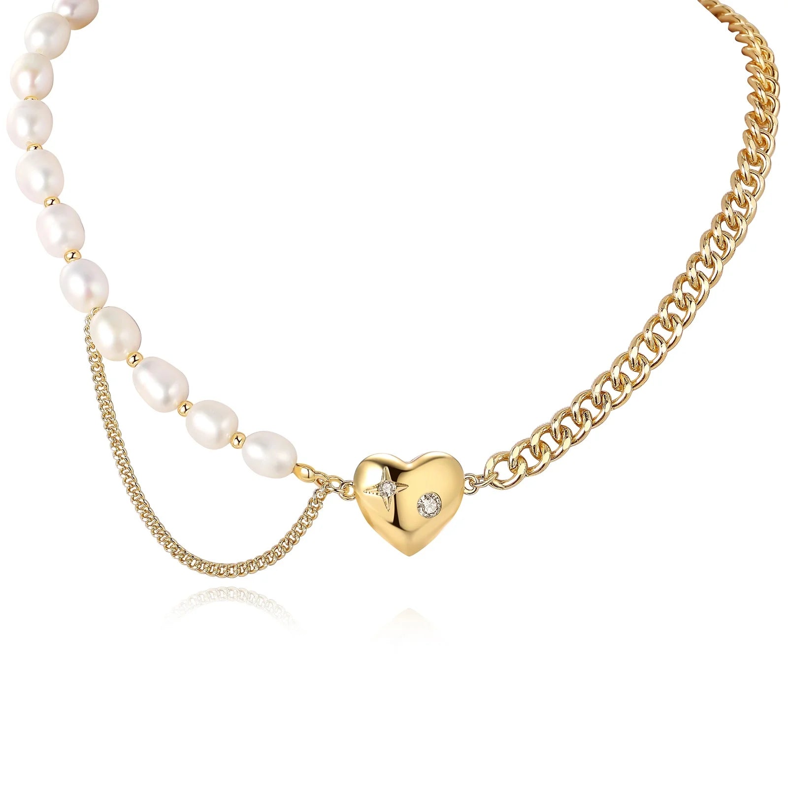 Vintage Hip-hop Style Brass Gold-plated Heart Pendant Baroque Freshwater Pearls Necklaces Customized Jewelry