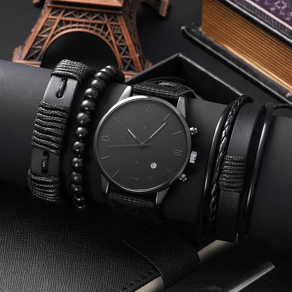 New hot selling men's set gift watch 4pcs bracelet four-piece set men's watch calendar quartz watch