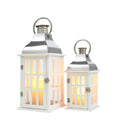 JHY DESIGN Set of 2 White Wooden Silver Stainless Steel Candle Lanterns Decorative 18"&12" High Wooden Lanterns Candlesticks