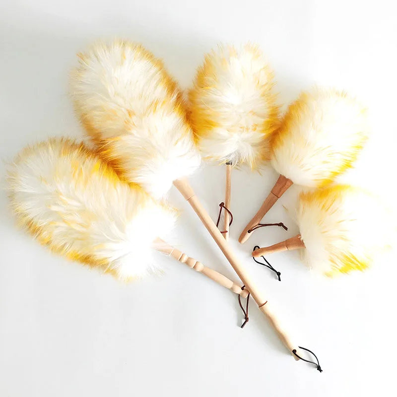 Natural Home Office Car Sheepskin Feather Cleaning Duster Custom Logo Soft Lambswool Duster With Solid Wooden Handle