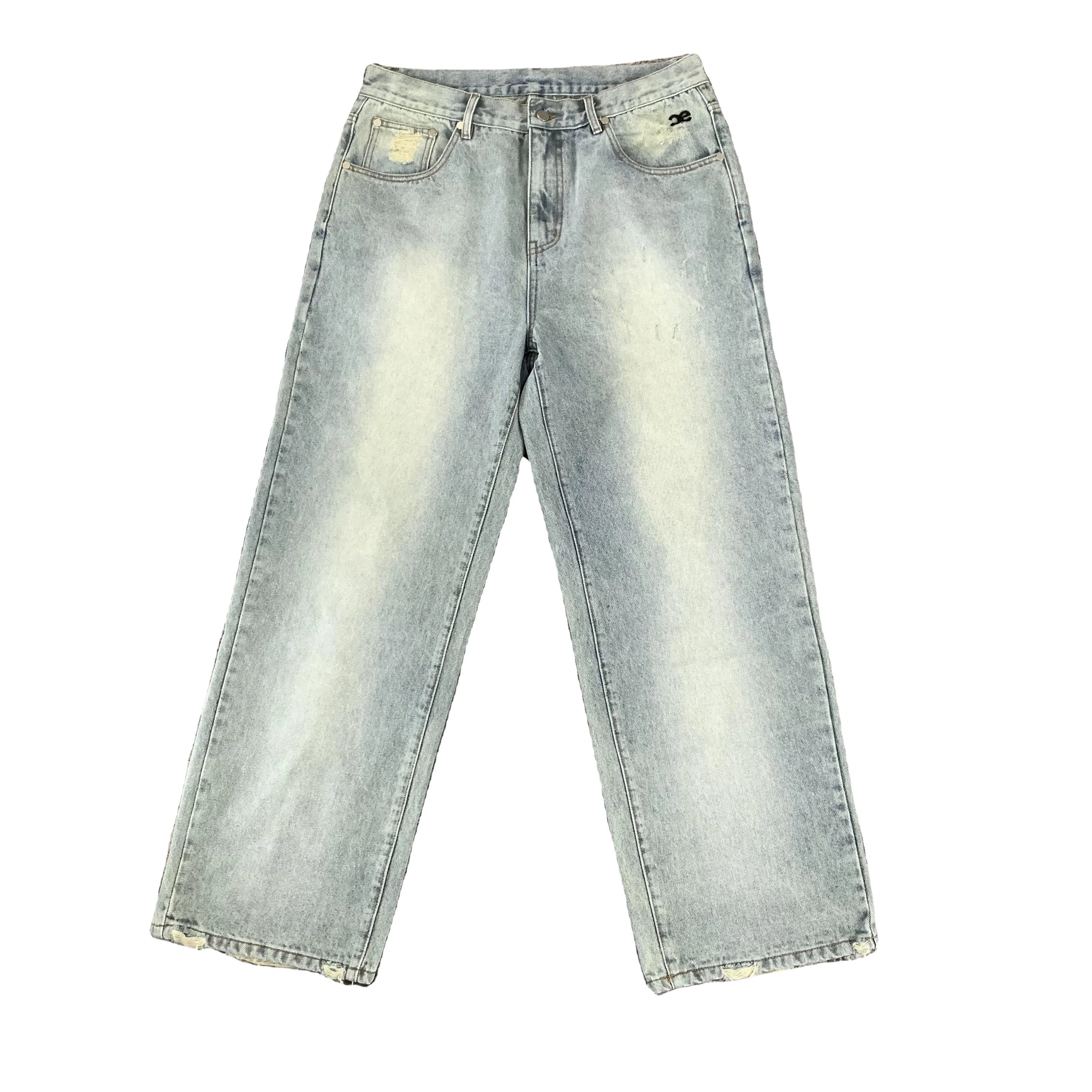 DENIMGUYS High Street Straight Loose Vintage Wash Old Blue Distressing Jeans for Men Fashion Baggy Embroidery Logo Denim Pants