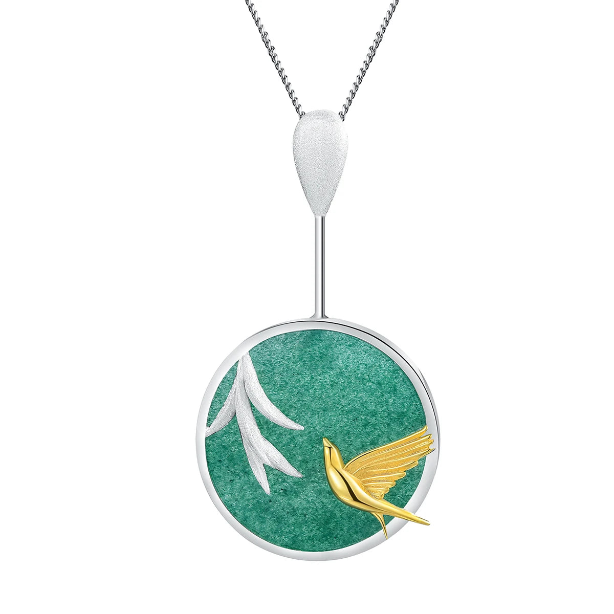 Bird Bamboo Spring Breeze Round Jade Pendant 925 Sterling Silver Necklace Chinese Elements Ladies Personality Jewelry for Women