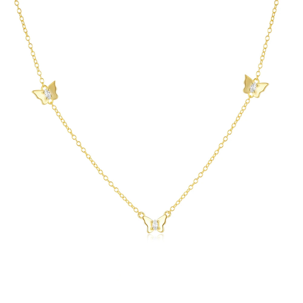 Fashion Jewelry Necklace 925 Sterling Silver butterfly Zircon Charm Necklace Three Butterflies Gold Plated Necklace Women