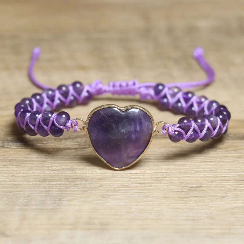 4mm Natural Amethyst Bracelet for Women Valentines Gift Handwoven Adjustable Spiritual Heart Charm Natural Stone Bracelet