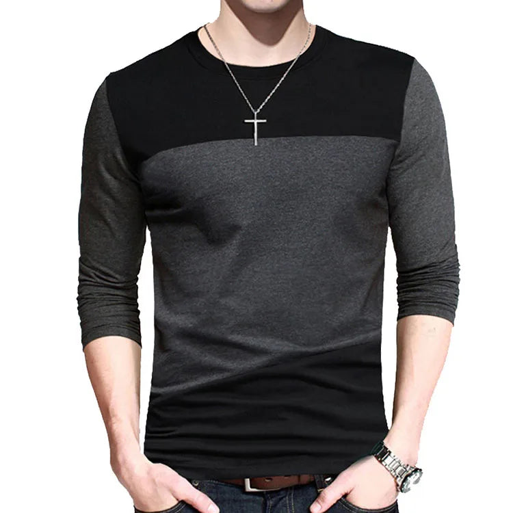 Autumn Korean Men T Shirt Vintage Style Long Sleeve Patchwork Black Gray O-Neck Long Tshirt Streetwear Men Clothing
