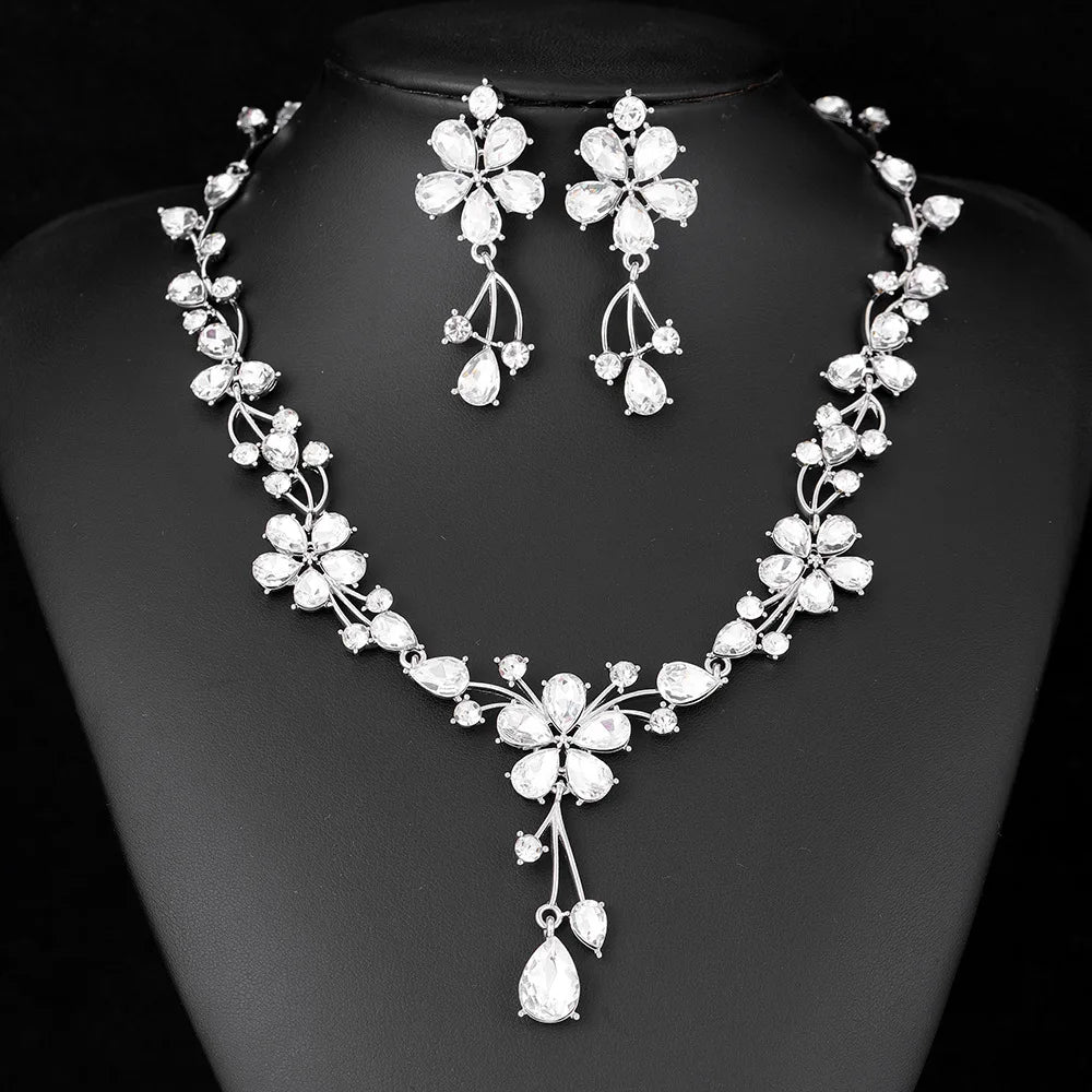 Fashion Bridal Wedding Engagement Jewelry Set Zircon 14K Gold Plated Earrings and Necklace Set