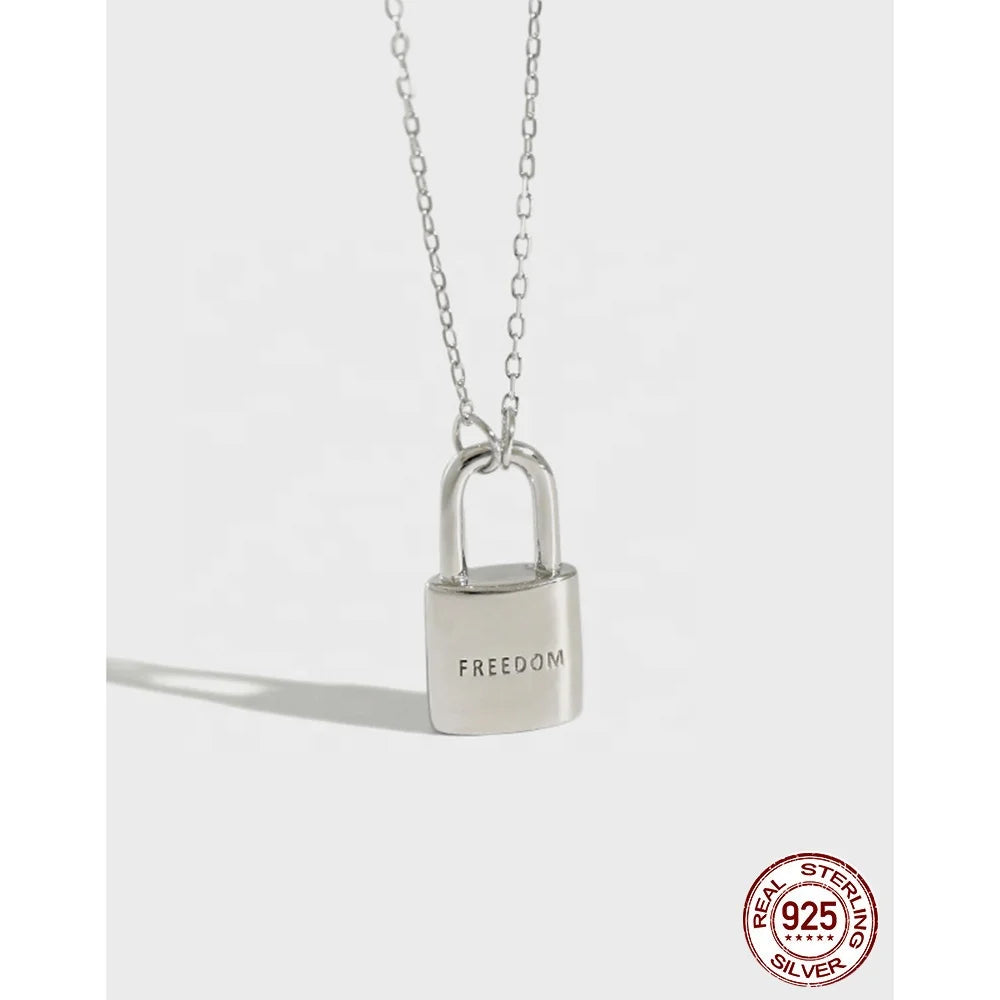 New Design S925 Sterling Silver Necklace Engraved Freedom Hollow Out Heart Lock Pendant Necklace Woman Necklace
