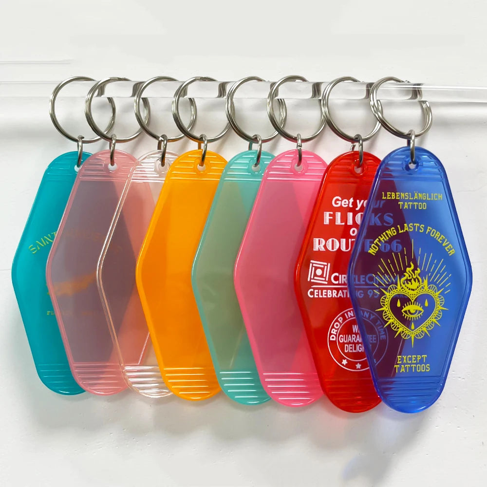 Promotional Acrylic Keychain Blank Transparent Colorful Hotel Keychain Plastic Motel Keychain Custom logo