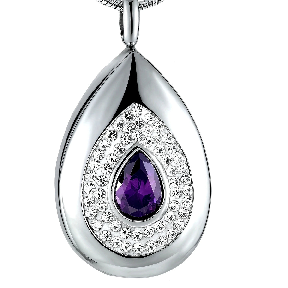 Stainless Steel Silver Plated Christian Purple Crystal Water Drop Cremation Pendant Memorial Ashes Keepsake Necklace Tear Drop