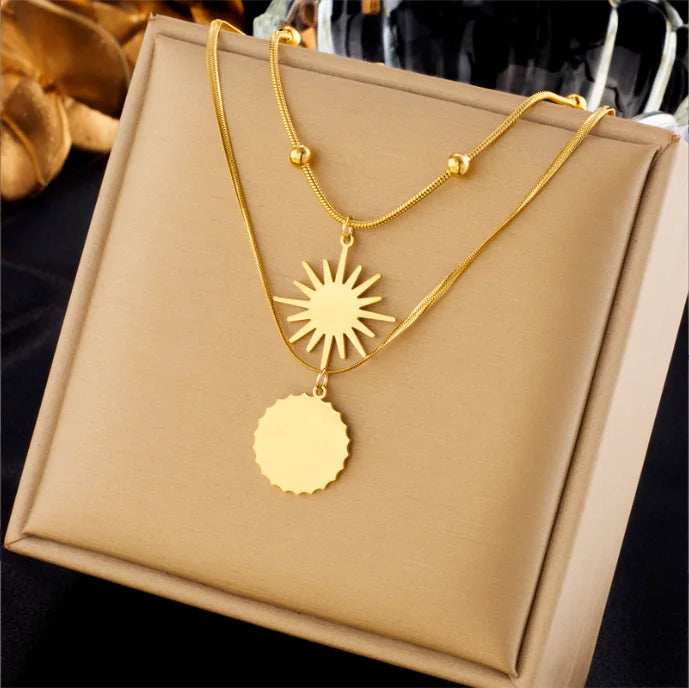 Stainless Steel Double Layer Sun Pendant Necklace for Women Girl New Trend Clavicle Chain Jewelry Gift Party
