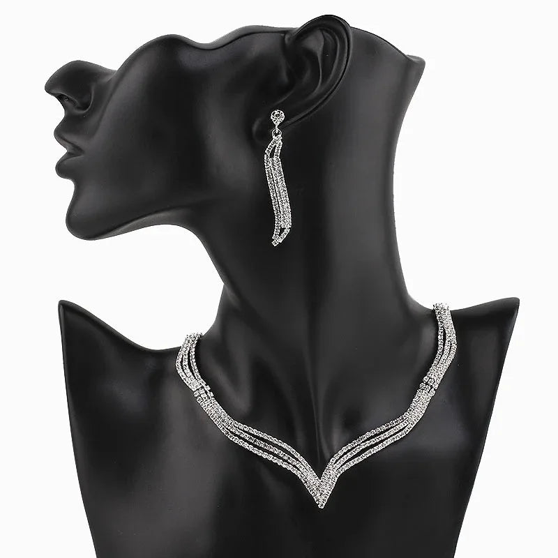 Jewelry Bride Wedding Necklace Earrings rhinestone Chain Diamond Platinum Plated Fashion Female Bridesmaid Jewelry Set