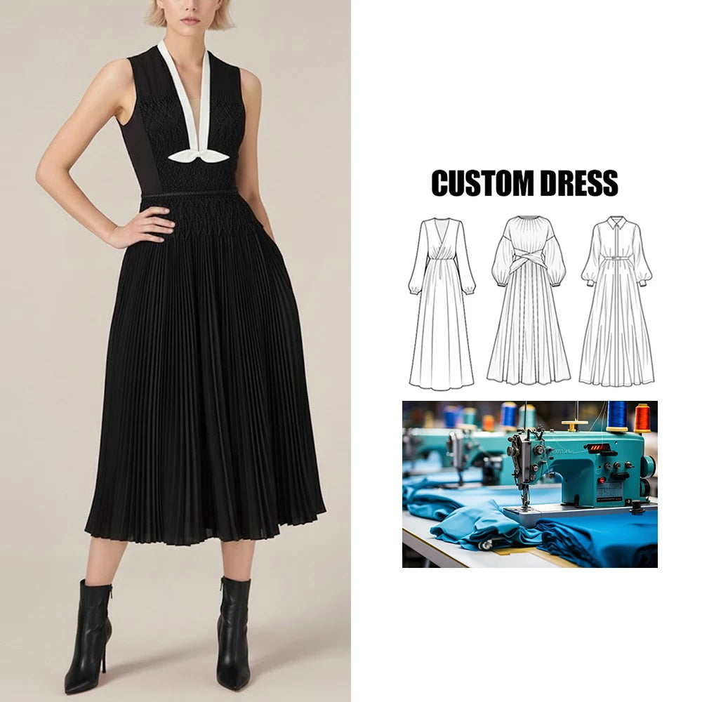 Customizable Brand Women's Summer Maxi Dress French-Style Elegant Beaded Braided Heavy-Duty Pleated Long Casual Solid Pattern