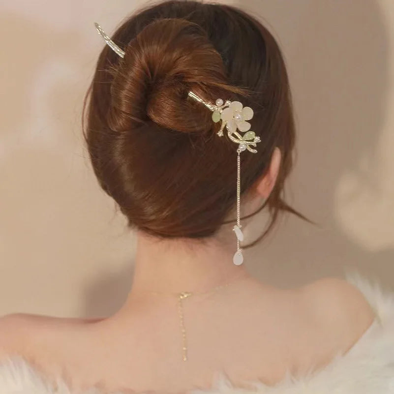 Chinese Hair Stick Flower Tassel Hairpin Magnolia Flower Ancient Girls Hair Bun Forks Chopsticks Vintage Hanfu Hair Jewelry