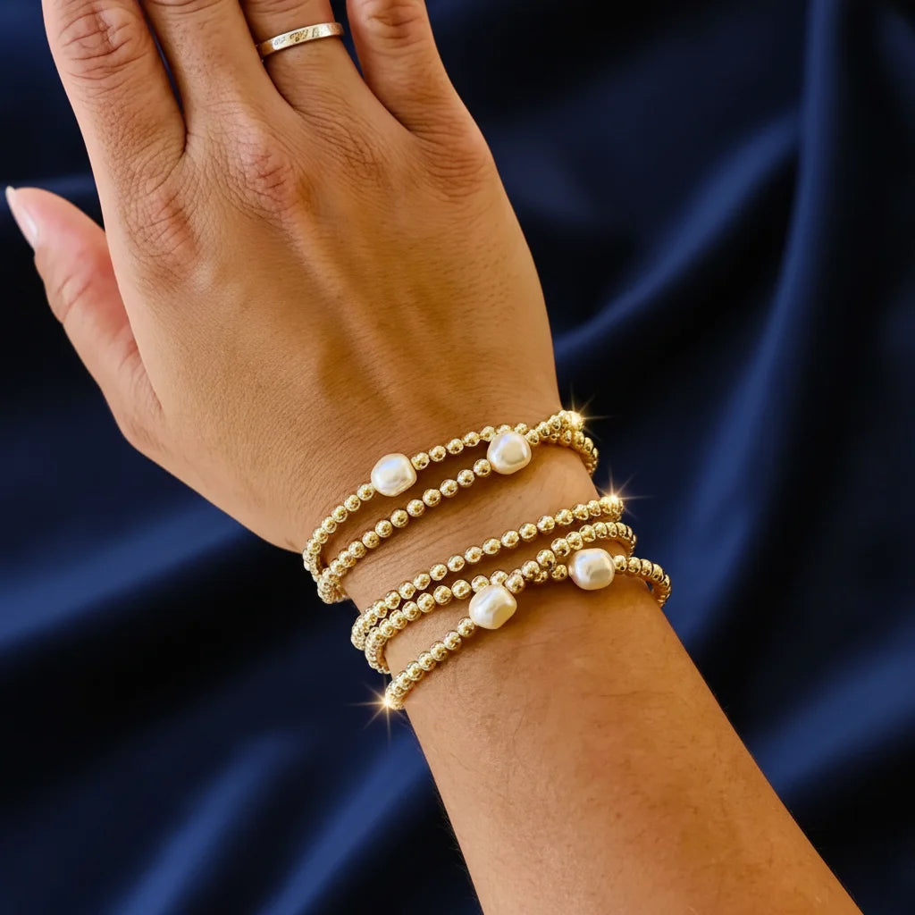 BB1044 Minimalist 18k Gold Plated Ball Beaded Elastic Bracelet with Freshwater Pearl Dainty Stackable Chic Bracelets for Women