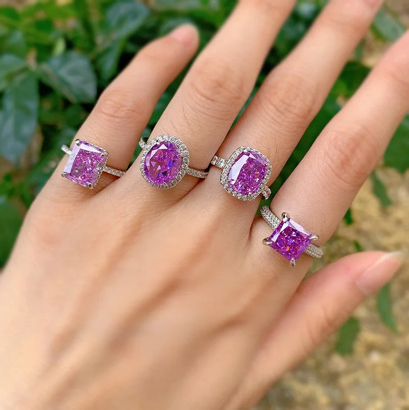Hot Sale Jewelry Wedding Engagement Rings Trendy Rectangular Center 8A Zircon Sterling 925 Silver Ring Purple Women Ring