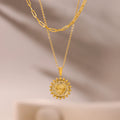 Fashion 18K Gold Plated Stainless Steel Embossed Peach Heart Sun Flower Lace Double Layer Necklace