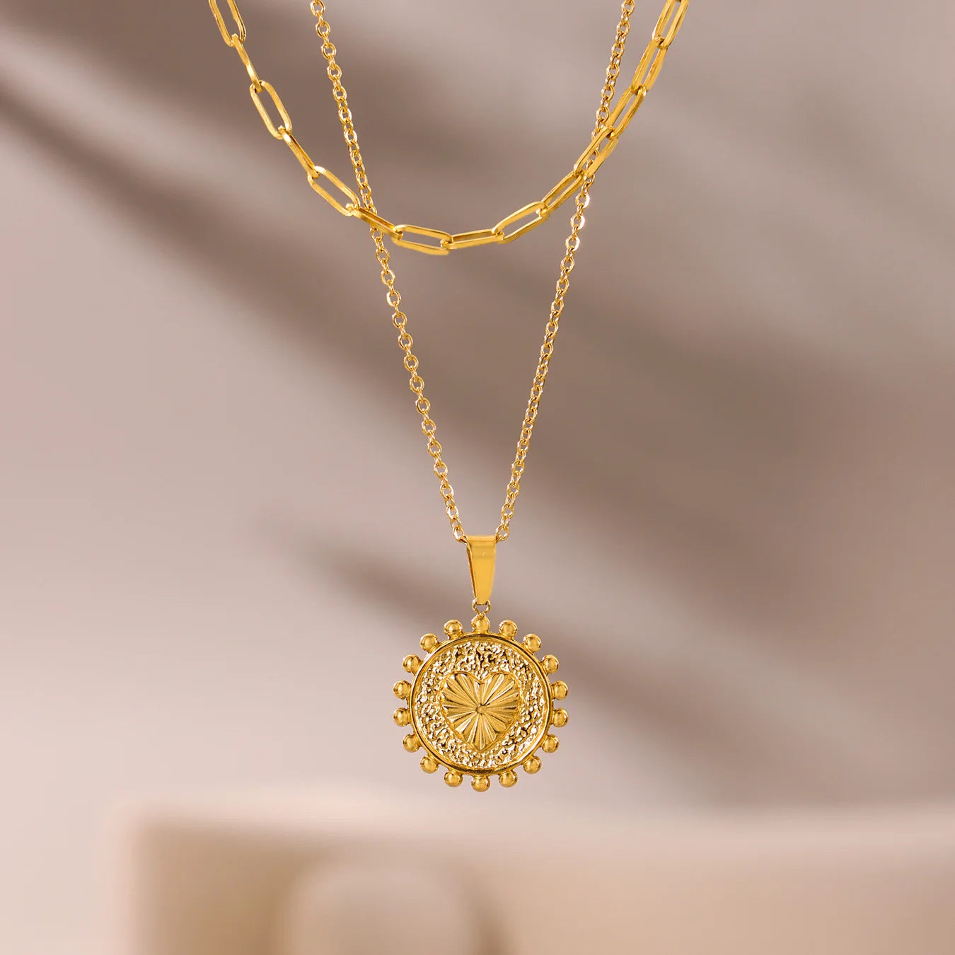 Fashion 18K Gold Plated Stainless Steel Embossed Peach Heart Sun Flower Lace Double Layer Necklace