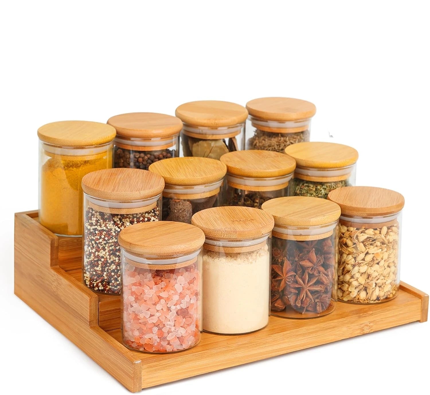 Bamboo Spice Rack  Cabinet 8oz Empty Seasoning Jars Labels Home Pantry Cupboard Food Storage Spice