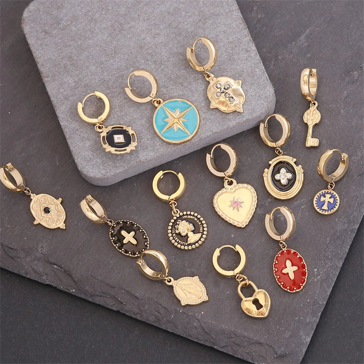 New Trendy Stainless Steel Gold Plated Cross Lock Key Hoop Earrings Set Personalities Fashionable Accessory Women's Anniversary